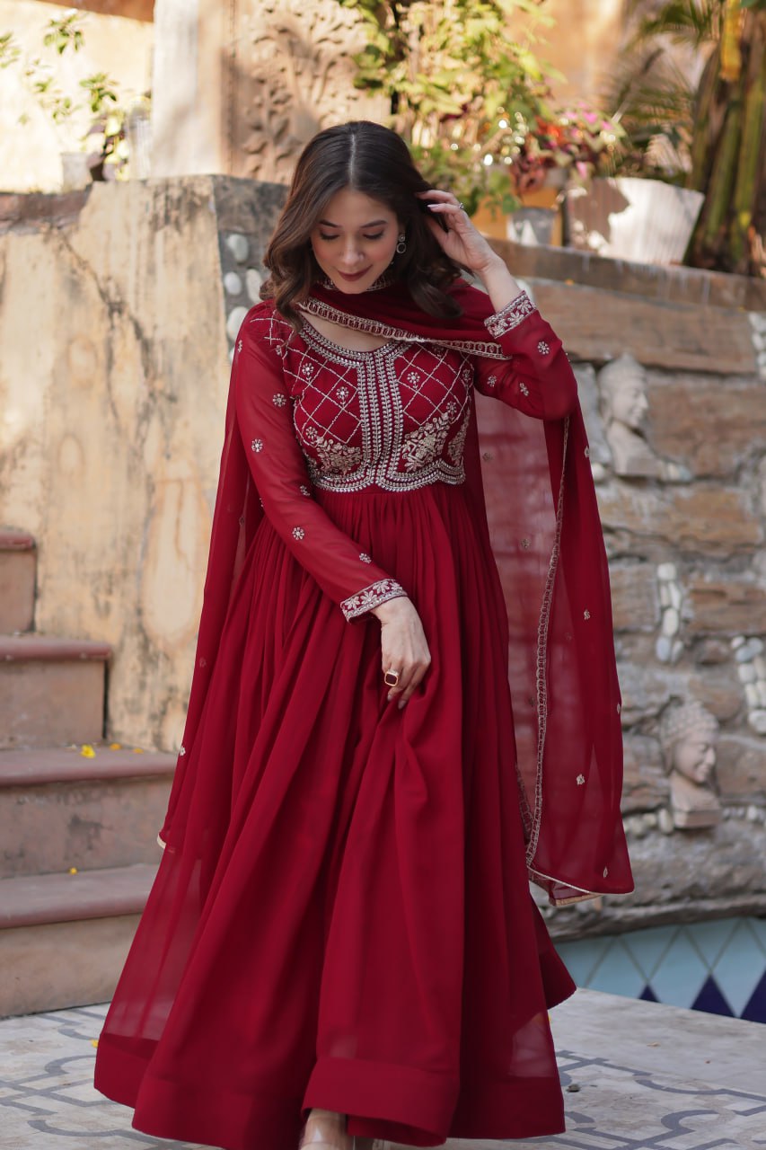 Maroon Designer Faux Blooming Gown with Sequins & Beads Embroidery