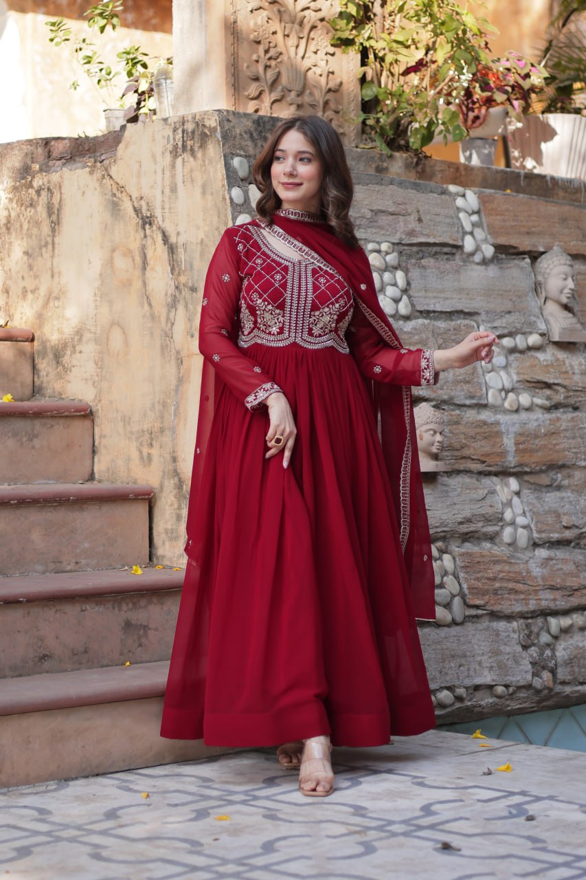 Maroon Designer Faux Blooming Gown with Sequins & Beads Embroidery