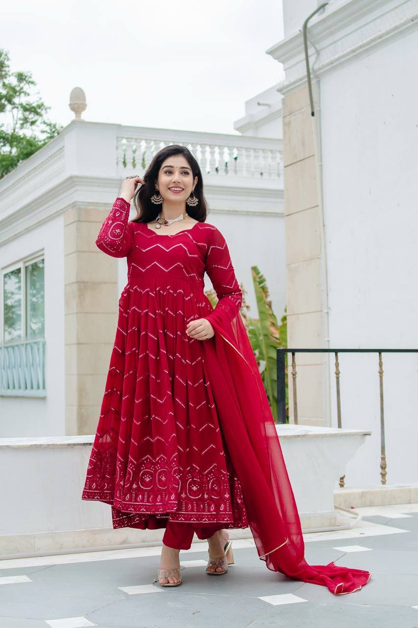 Maroon Designer Faux Georgette Anarkali Suit Set with All-Over Embroidery & Lace-Border Dupatta