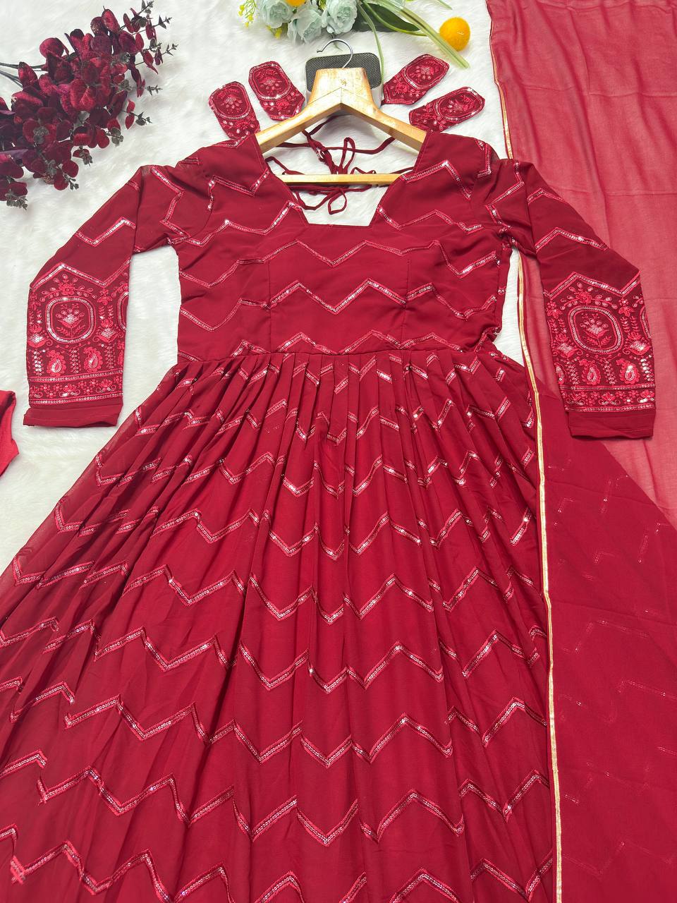 Maroon Designer Faux Georgette Anarkali Suit Set with All-Over Embroidery & Lace-Border Dupatta
