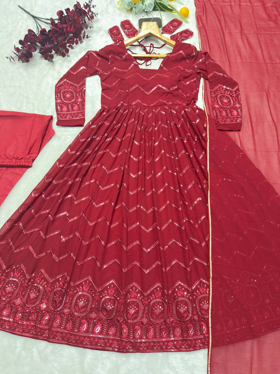 Maroon Designer Faux Georgette Anarkali Suit Set with All-Over Embroidery & Lace-Border Dupatta