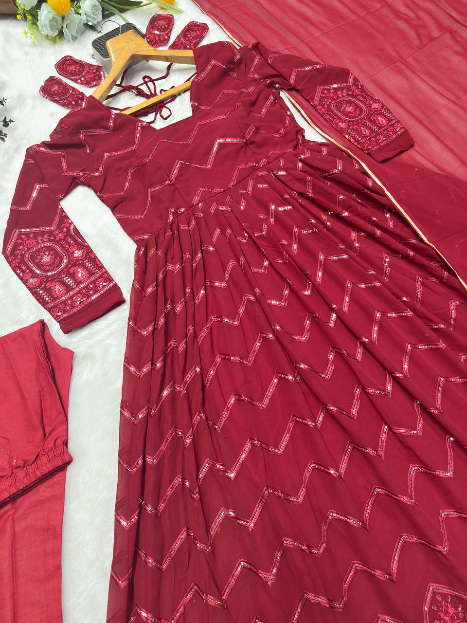 Maroon Designer Faux Georgette Anarkali Suit Set with All-Over Embroidery & Lace-Border Dupatta