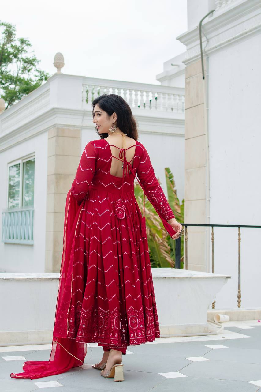 Maroon Designer Faux Georgette Anarkali Suit Set with All-Over Embroidery & Lace-Border Dupatta