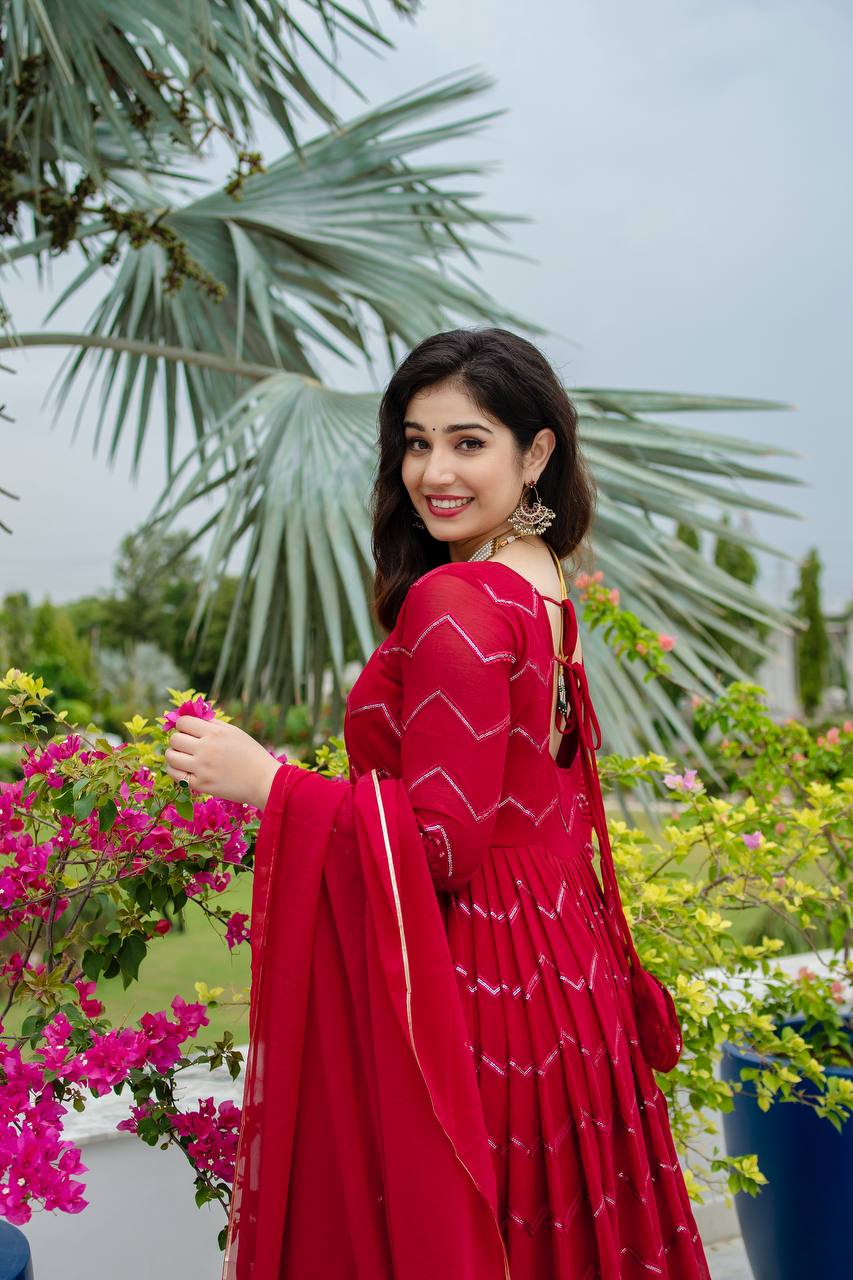 Maroon Designer Faux Georgette Anarkali Suit Set with All-Over Embroidery & Lace-Border Dupatta