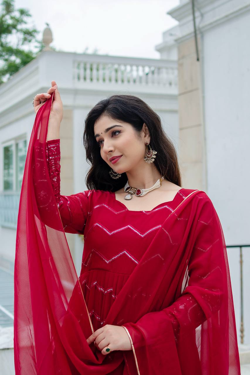 Maroon Designer Faux Georgette Anarkali Suit Set with All-Over Embroidery & Lace-Border Dupatta