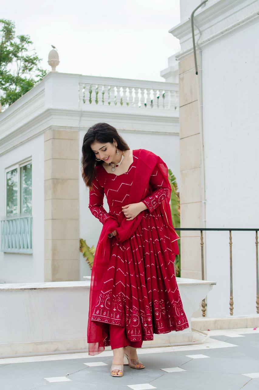 Maroon Designer Faux Georgette Anarkali Suit Set with All-Over Embroidery & Lace-Border Dupatta
