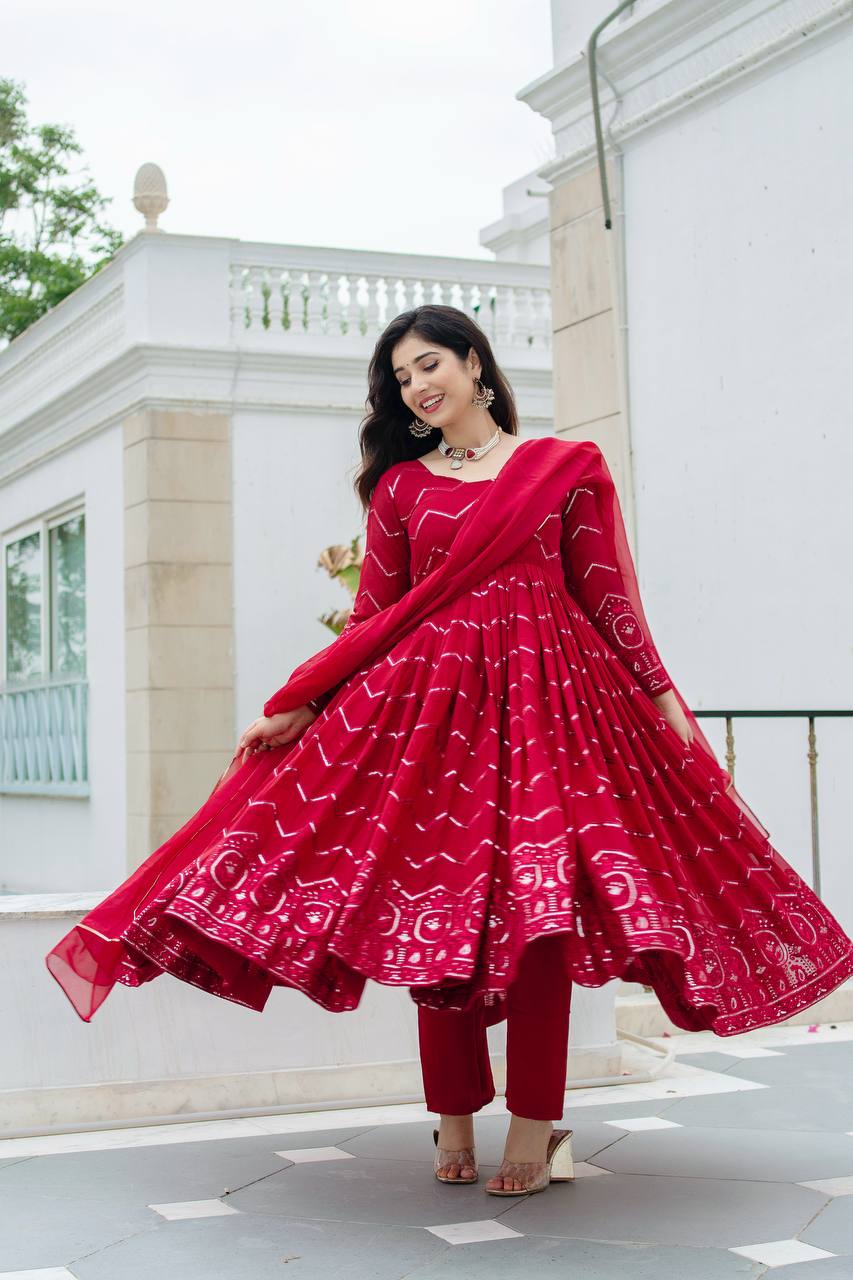 Maroon Designer Faux Georgette Anarkali Suit Set with All-Over Embroidery & Lace-Border Dupatta