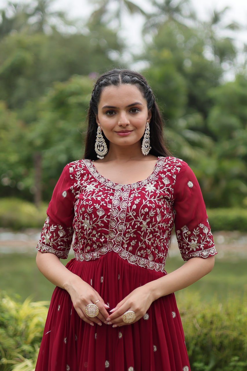 Maroon Designer Readymade Gown with Zari-Thread & Sequins Embroidery