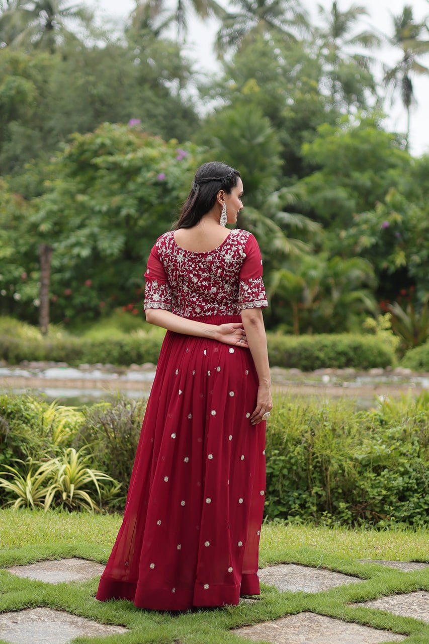 Maroon Designer Readymade Gown with Zari-Thread & Sequins Embroidery