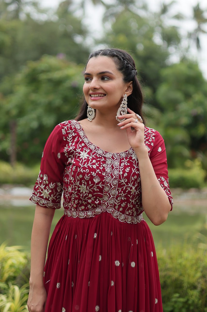 Maroon Designer Readymade Gown with Zari-Thread & Sequins Embroidery