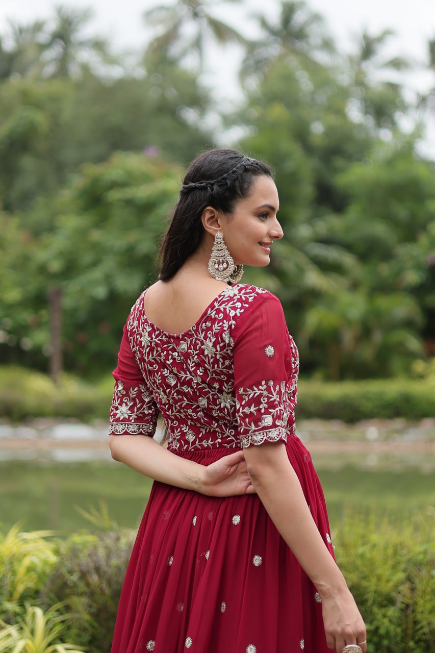 Maroon Designer Readymade Gown with Zari-Thread & Sequins Embroidery