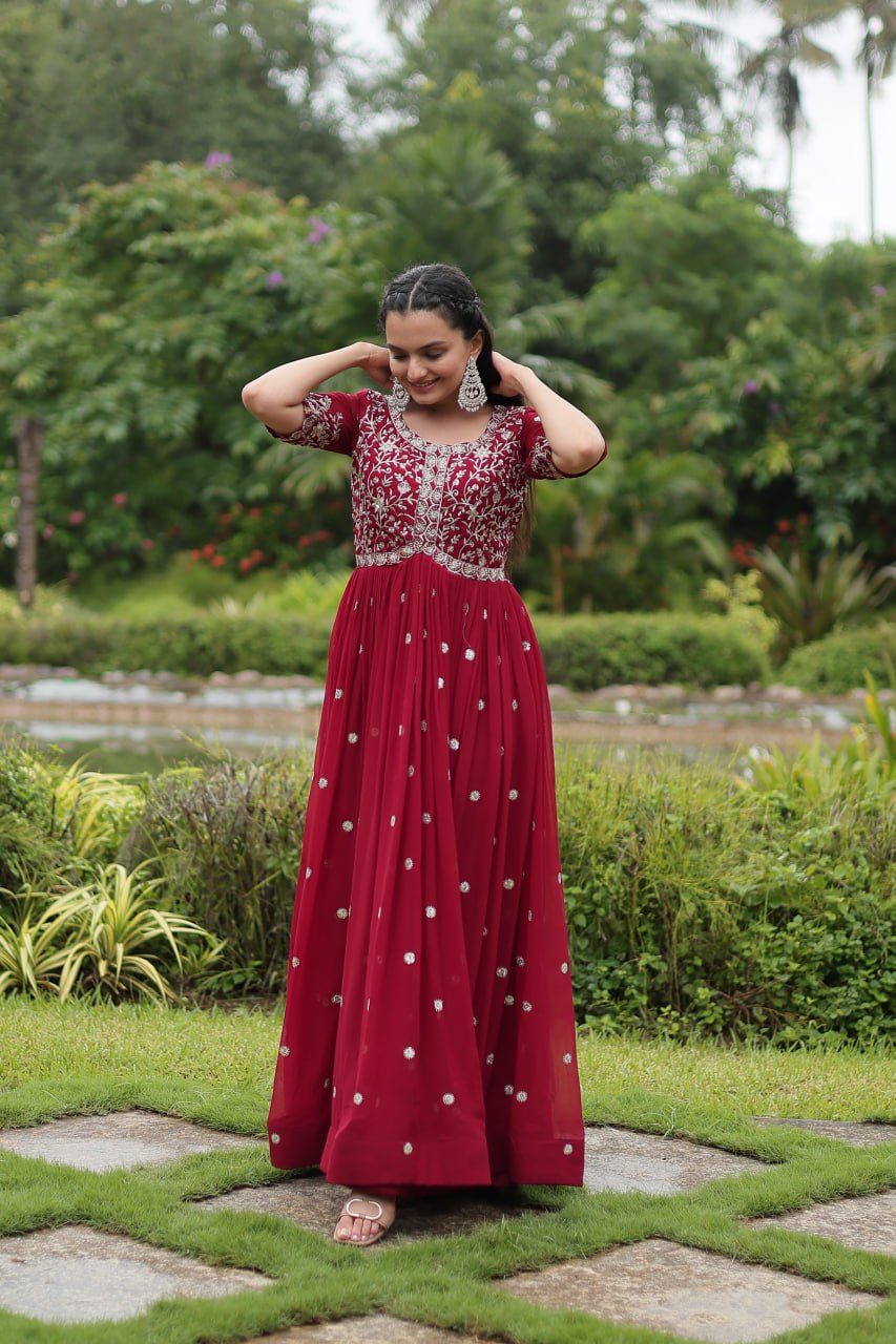 Maroon Designer Readymade Gown with Zari-Thread & Sequins Embroidery