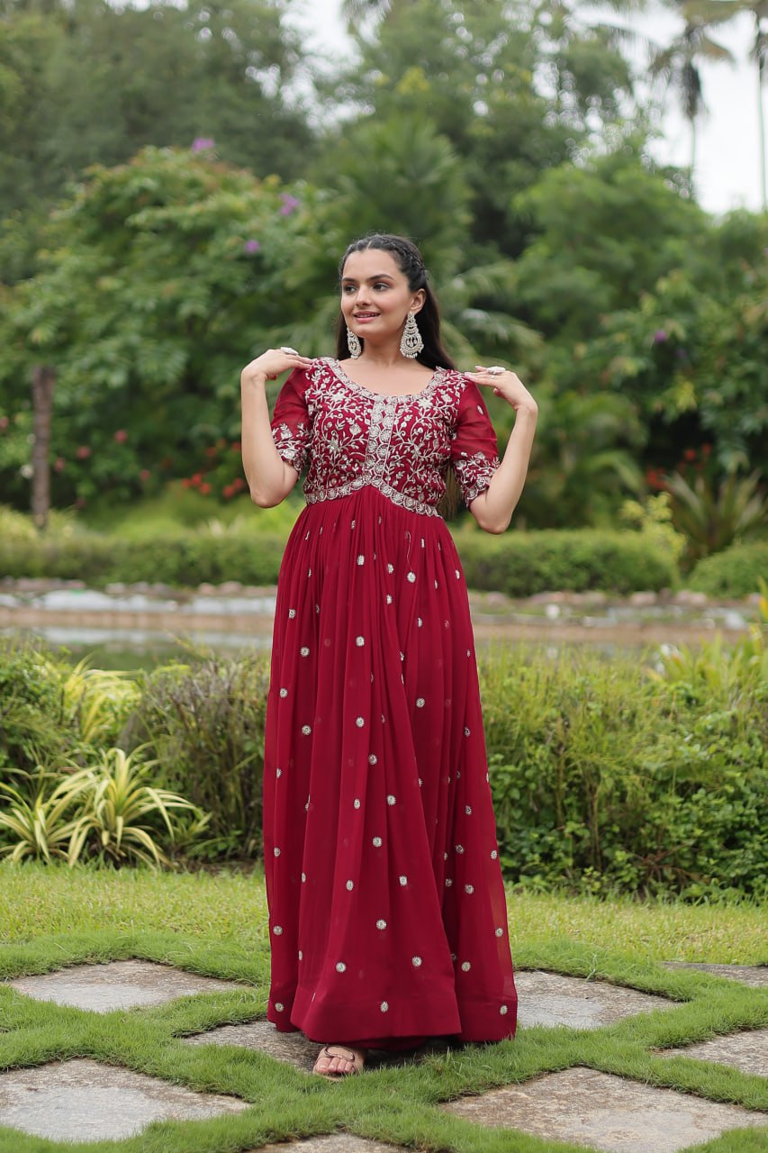 Maroon Designer Readymade Gown with Zari-Thread & Sequins Embroidery