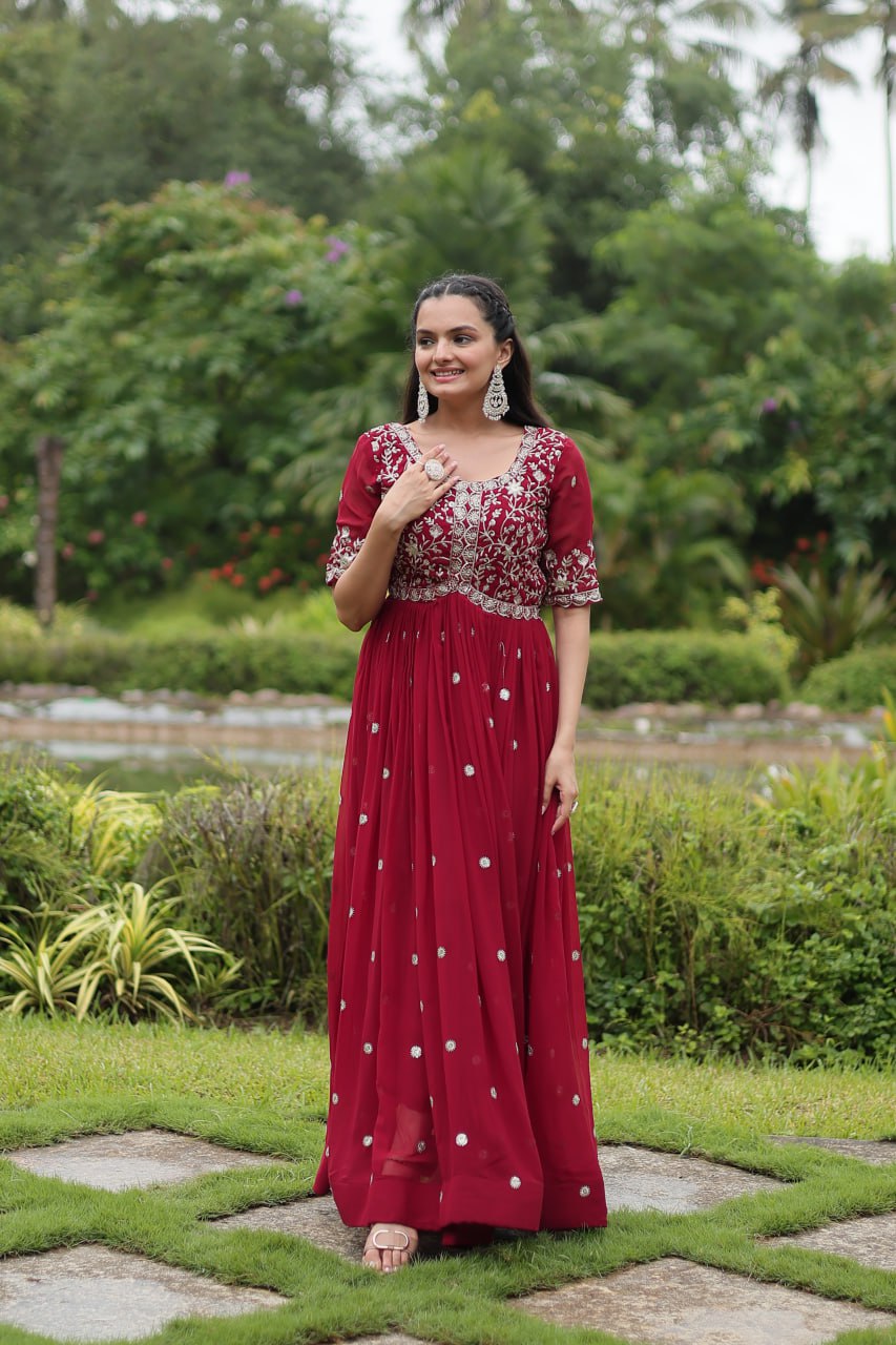 Maroon Designer Readymade Gown with Zari-Thread & Sequins Embroidery