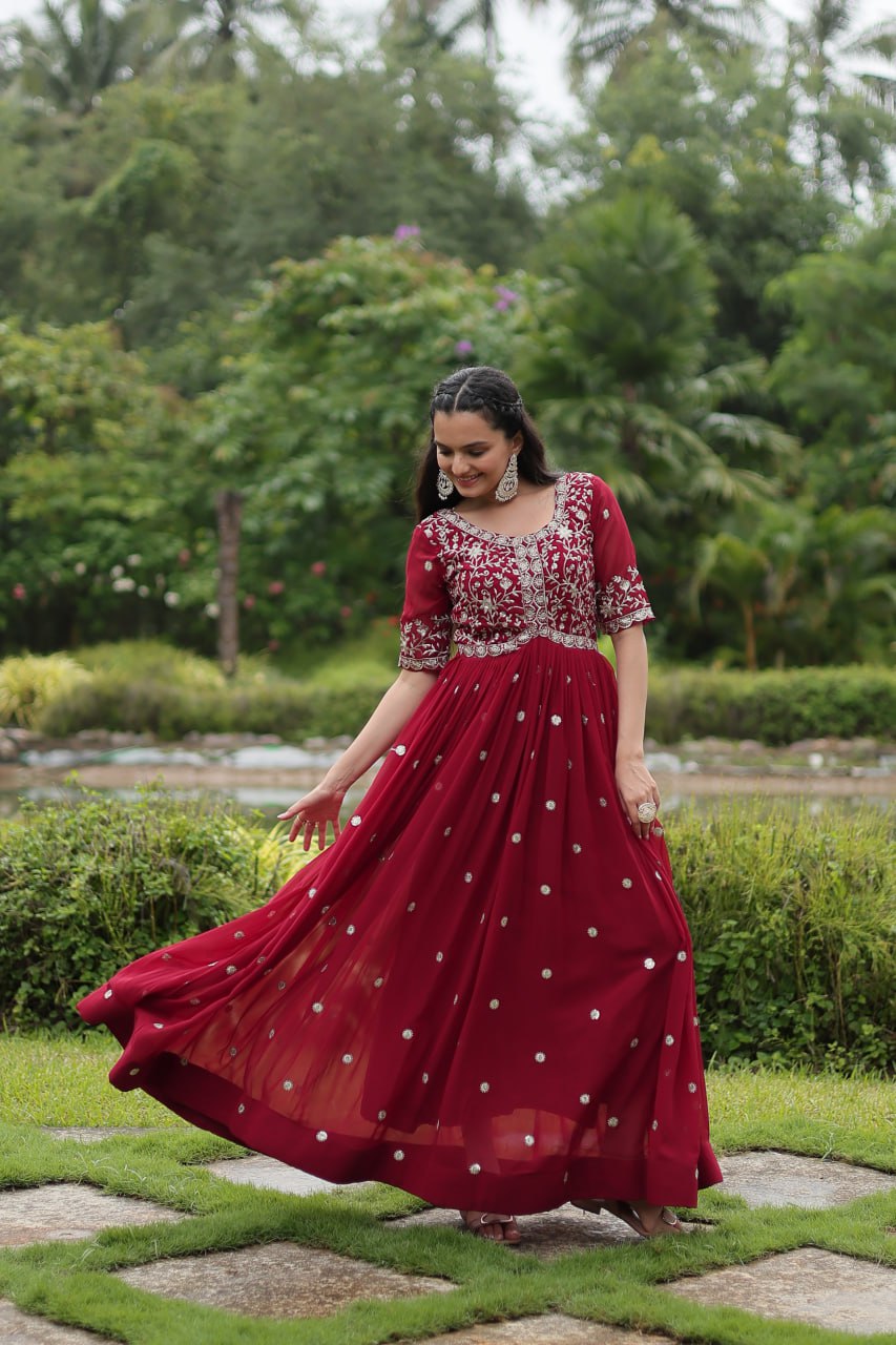 Maroon Designer Readymade Gown with Zari-Thread & Sequins Embroidery