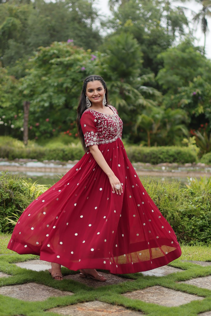 Maroon Designer Readymade Gown with Zari-Thread & Sequins Embroidery