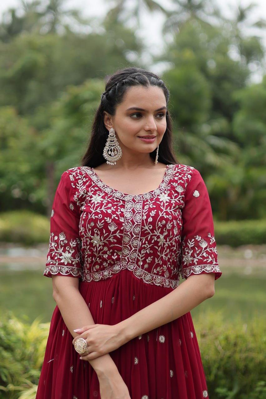 Maroon Designer Readymade Gown with Zari-Thread & Sequins Embroidery