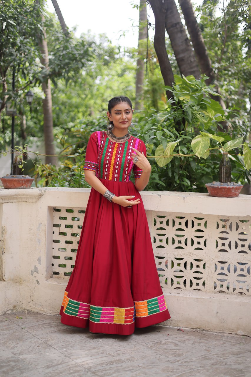 Maroon Designer Roman Fabric Gown with Multicolor Thread & Mirror Work
