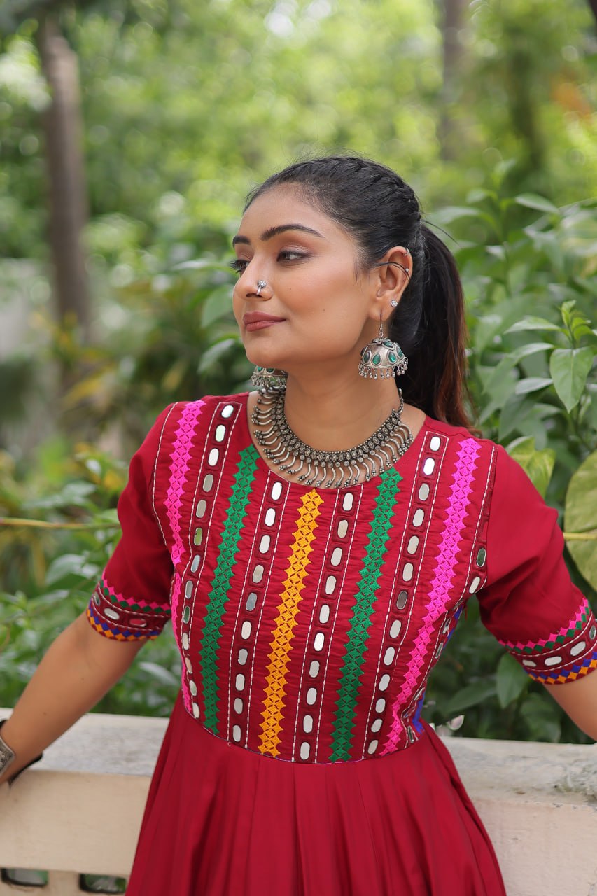 Maroon Designer Roman Fabric Gown with Multicolor Thread & Mirror Work