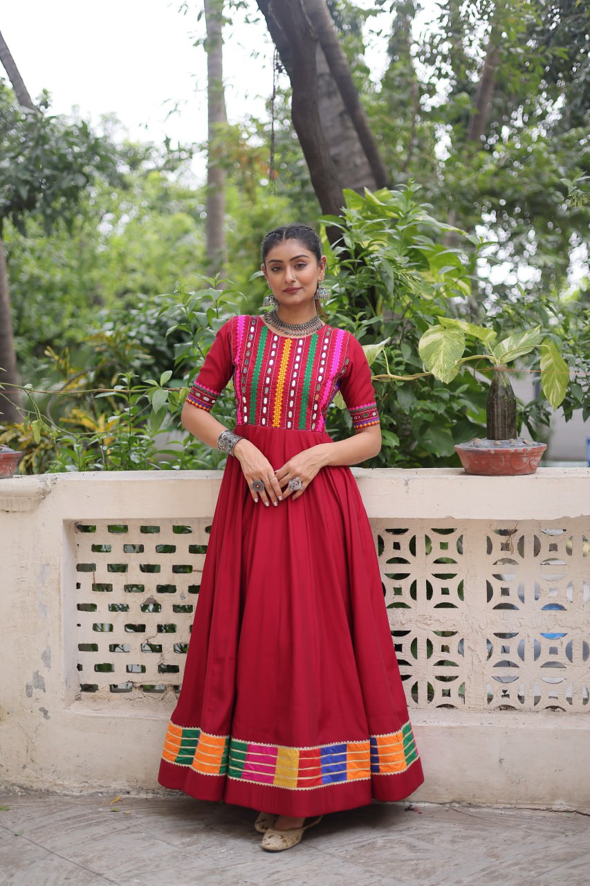 Maroon Designer Roman Fabric Gown with Multicolor Thread & Mirror Work