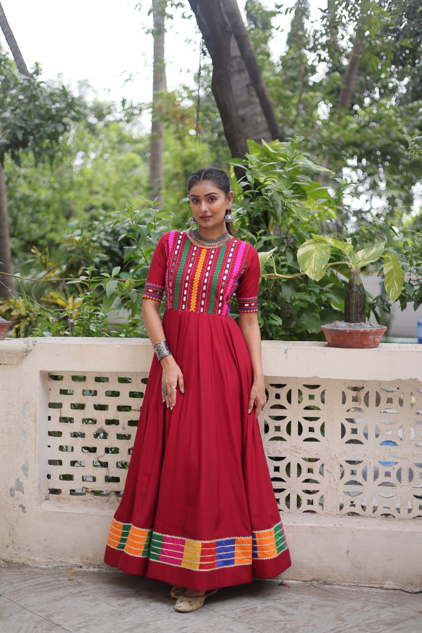 Maroon Designer Roman Fabric Gown with Multicolor Thread & Mirror Work