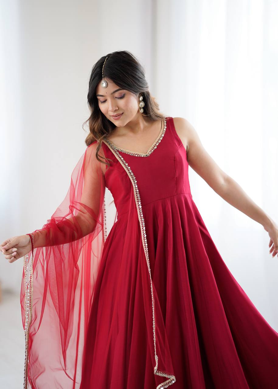 Maroon Designer Roman Silk Chanderi Anarkali Set with Dupatta & Pant