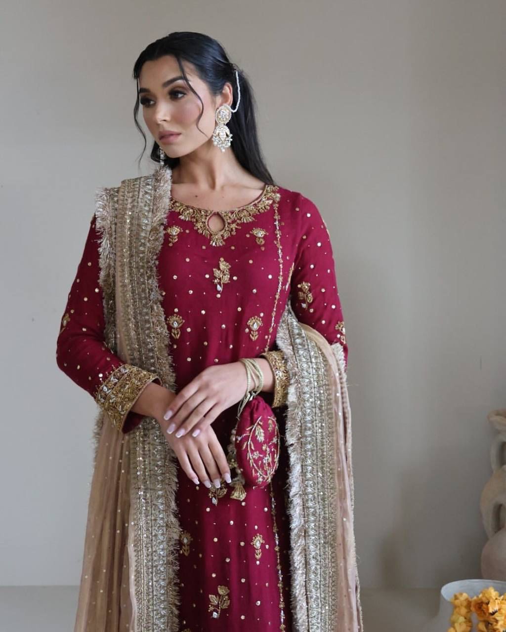 Maroon Desirable Faux Georgette Co-Ord Set with Sequin Top, Pant & Dupatta Fully Stitched
