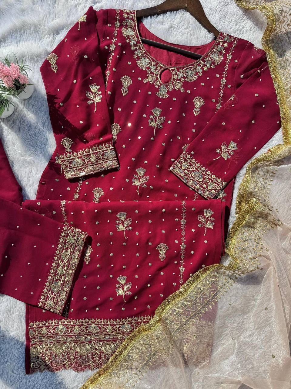 Maroon Desirable Faux Georgette Co-Ord Set with Sequin Top, Pant & Dupatta Fully Stitched