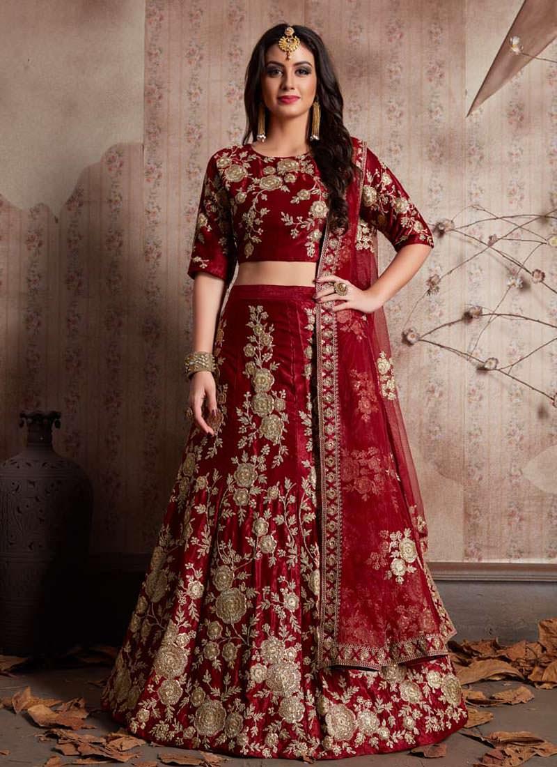 Maroon Dori Work Velvet Lehenga Choli And Dupatta Set