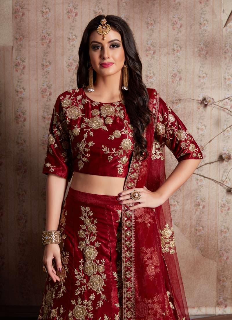 Maroon Dori Work Velvet Lehenga Choli And Dupatta Set