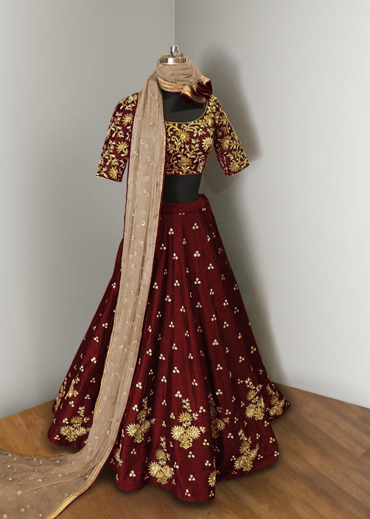 Maroon Elegance Lehenga Choli With Beige Net Dupatta