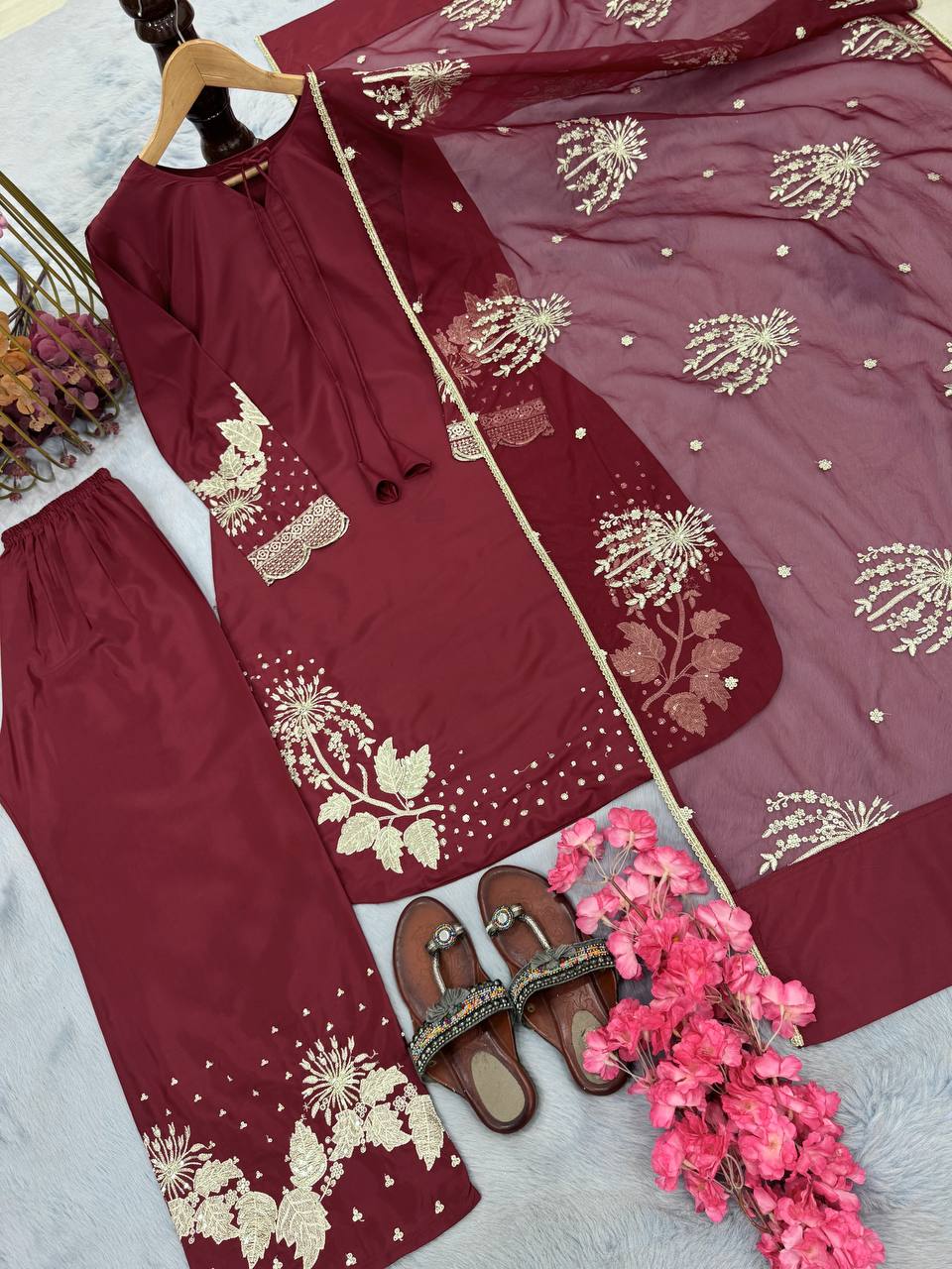 Maroon Elegant Embroidered Crepe Palazzo Set with Dupatta