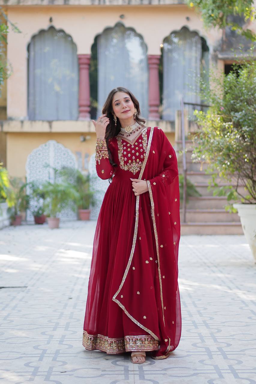 Maroon Elegant Faux Blooming Georgette Gown with Sequins Embroidery & Matching Dupatta