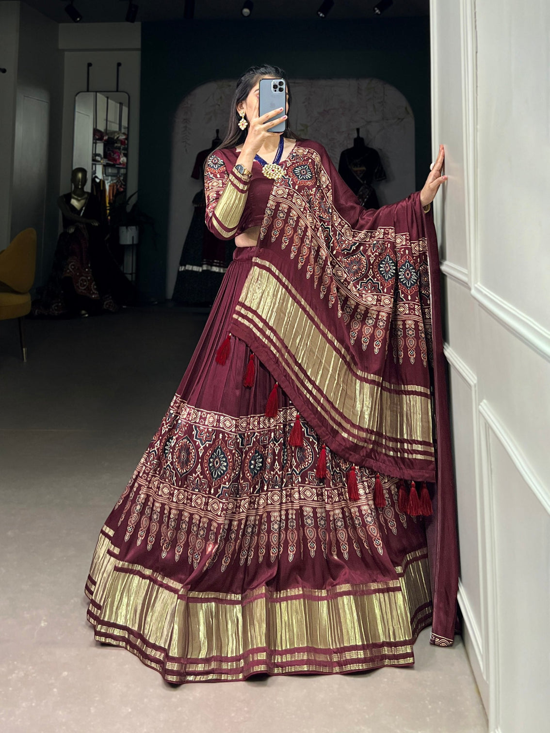 Maroon Elegant Gaji Silk Lehenga Set with Digital Print and Tassels – Perfect for Every Occasion