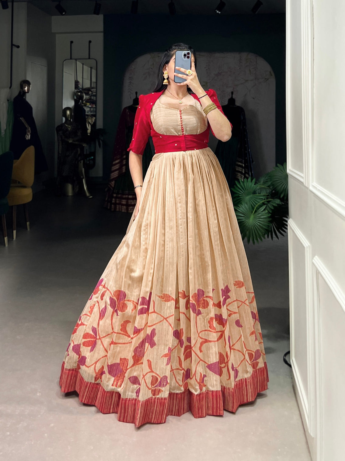 Maroon Elegant Green Silk Printed Gown with Embroidered Banglory Koti