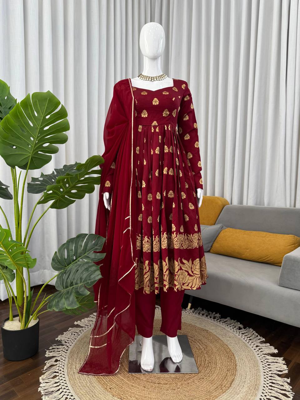Maroon Elegant Jacquard Anarkali Set with Pant & Dupatta