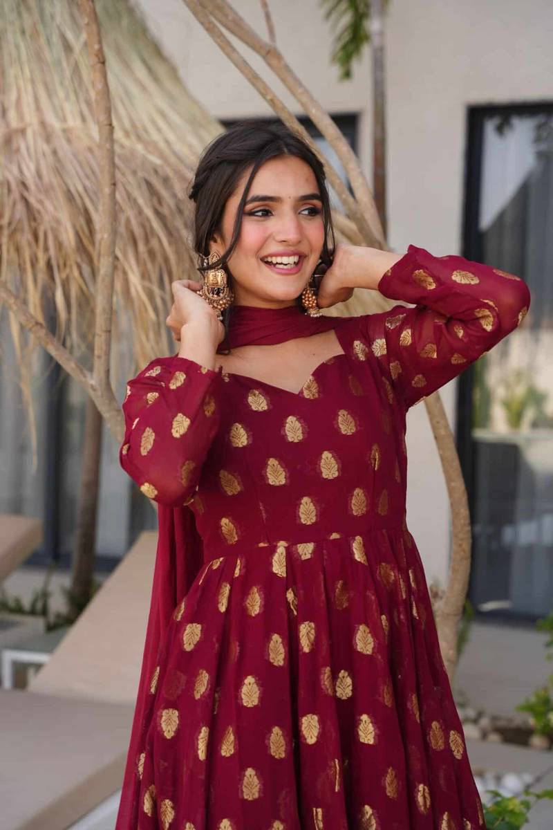 Maroon Elegant Jacquard Anarkali Set with Pant & Dupatta