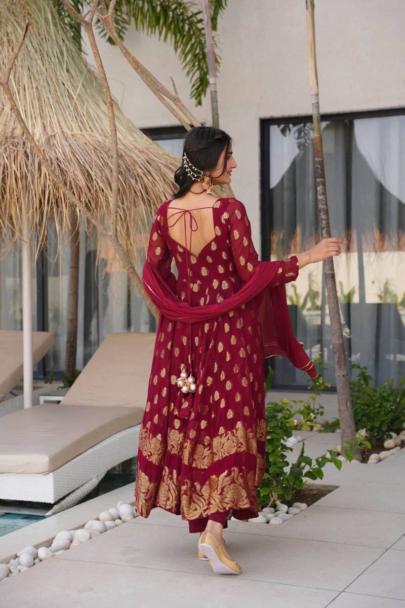 Maroon Elegant Jacquard Anarkali Set with Pant & Dupatta