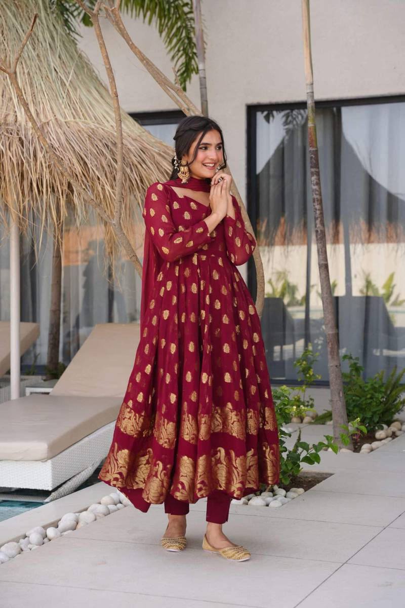 Maroon Elegant Jacquard Anarkali Set with Pant & Dupatta