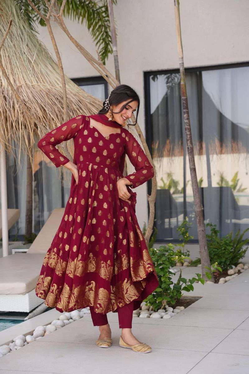 Maroon Elegant Jacquard Anarkali Set with Pant & Dupatta