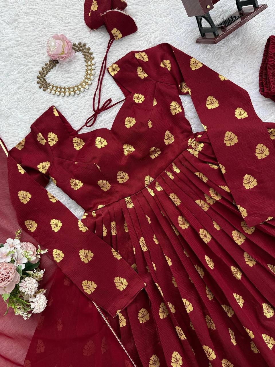 Maroon Elegant Jacquard Anarkali Set with Pant & Dupatta