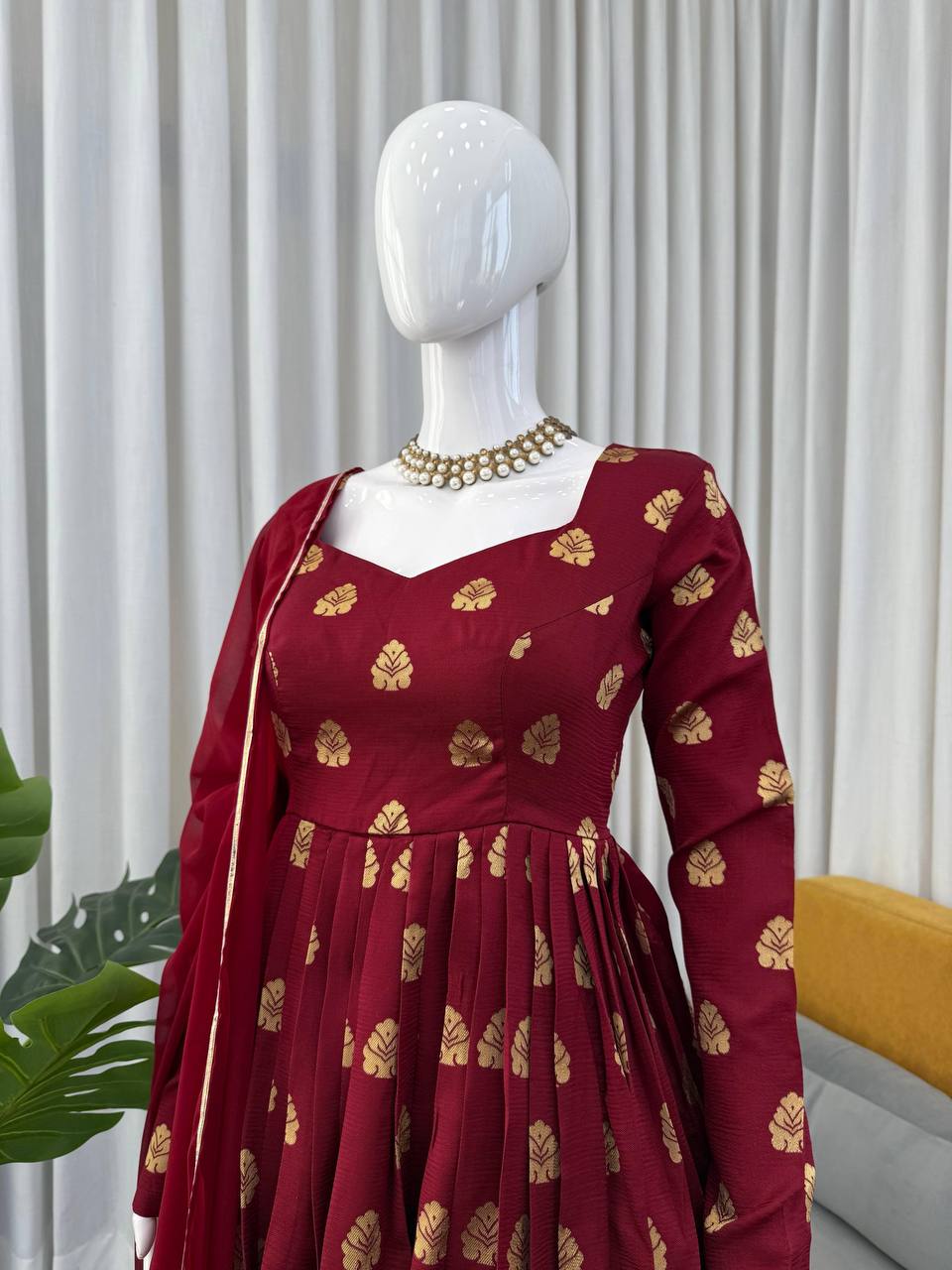 Maroon Elegant Jacquard Anarkali Set with Pant & Dupatta