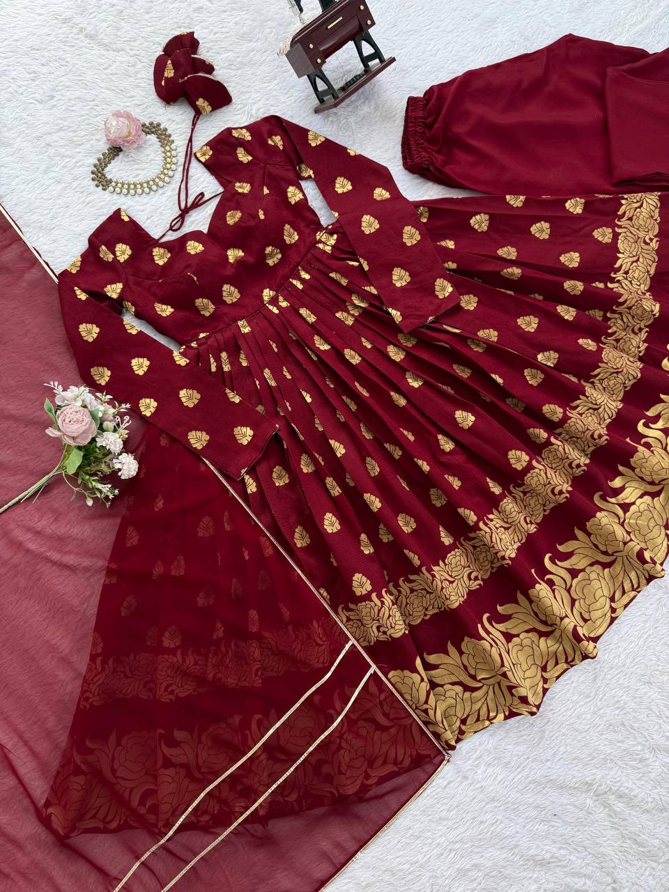 Maroon Elegant Jacquard Anarkali Set with Pant & Dupatta