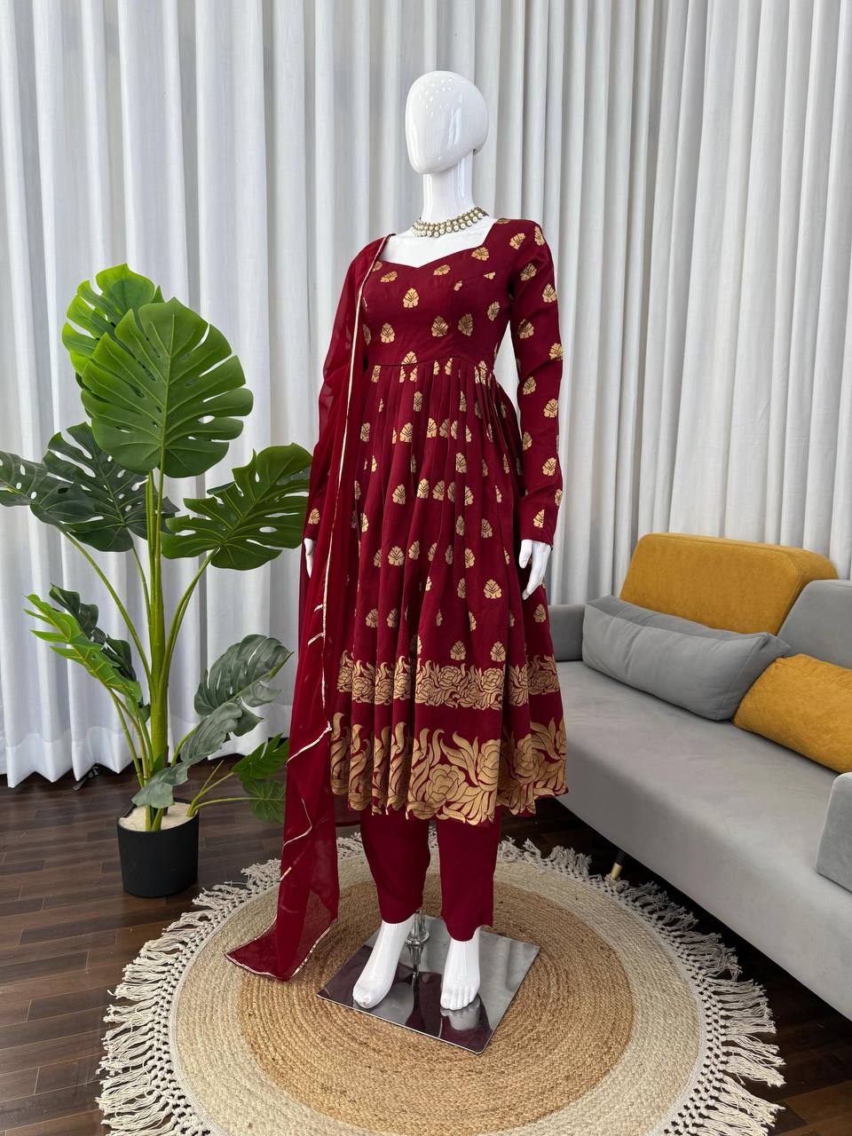 Maroon Elegant Jacquard Anarkali Set with Pant & Dupatta