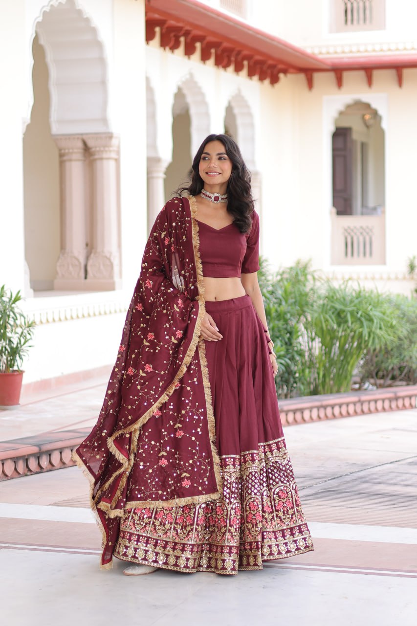 Maroon Elegant Vichitra Silk Sequins & Thread Embroidered Lehenga Set with Designer Lace Dupatta – Stitched 3-Meter Flair Lehenga & Unstitched Blouse