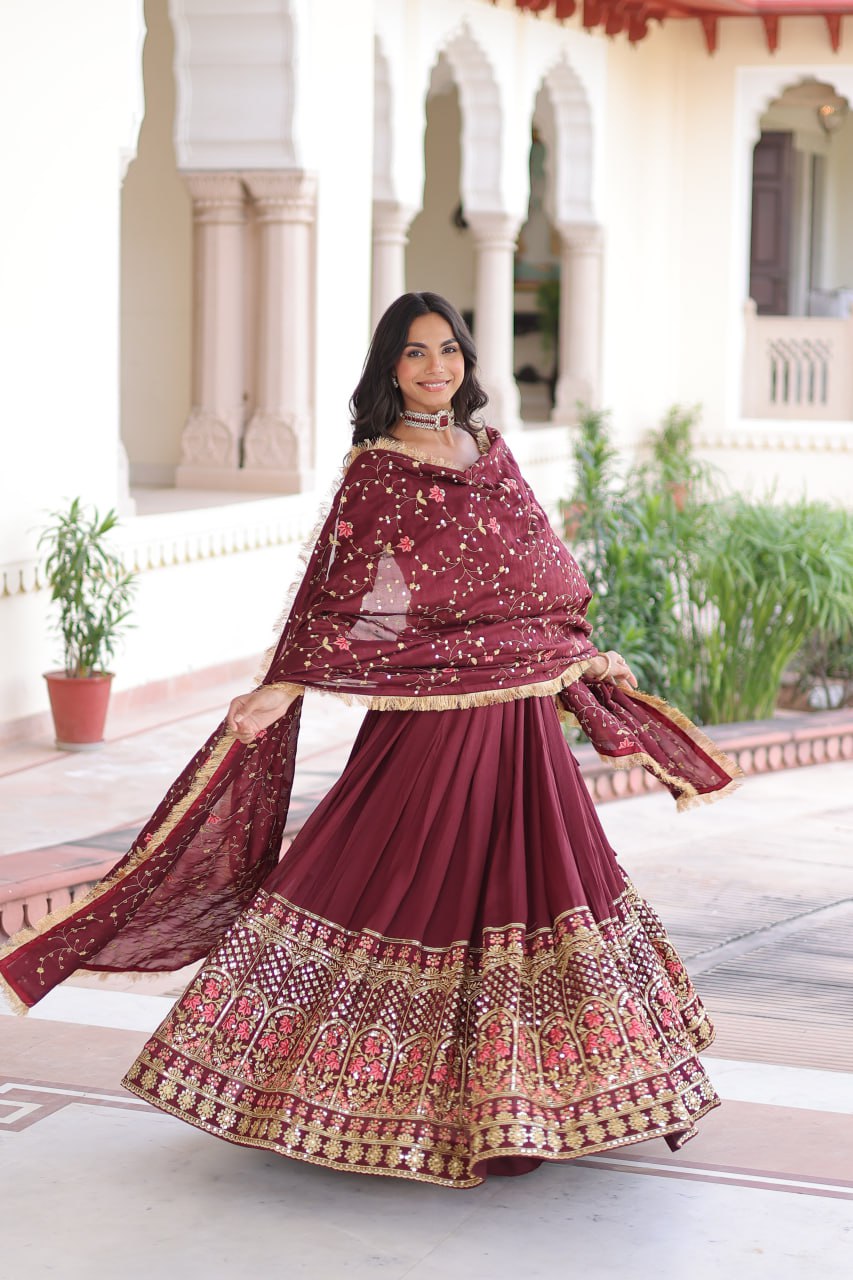 Maroon Elegant Vichitra Silk Sequins & Thread Embroidered Lehenga Set with Designer Lace Dupatta – Stitched 3-Meter Flair Lehenga & Unstitched Blouse