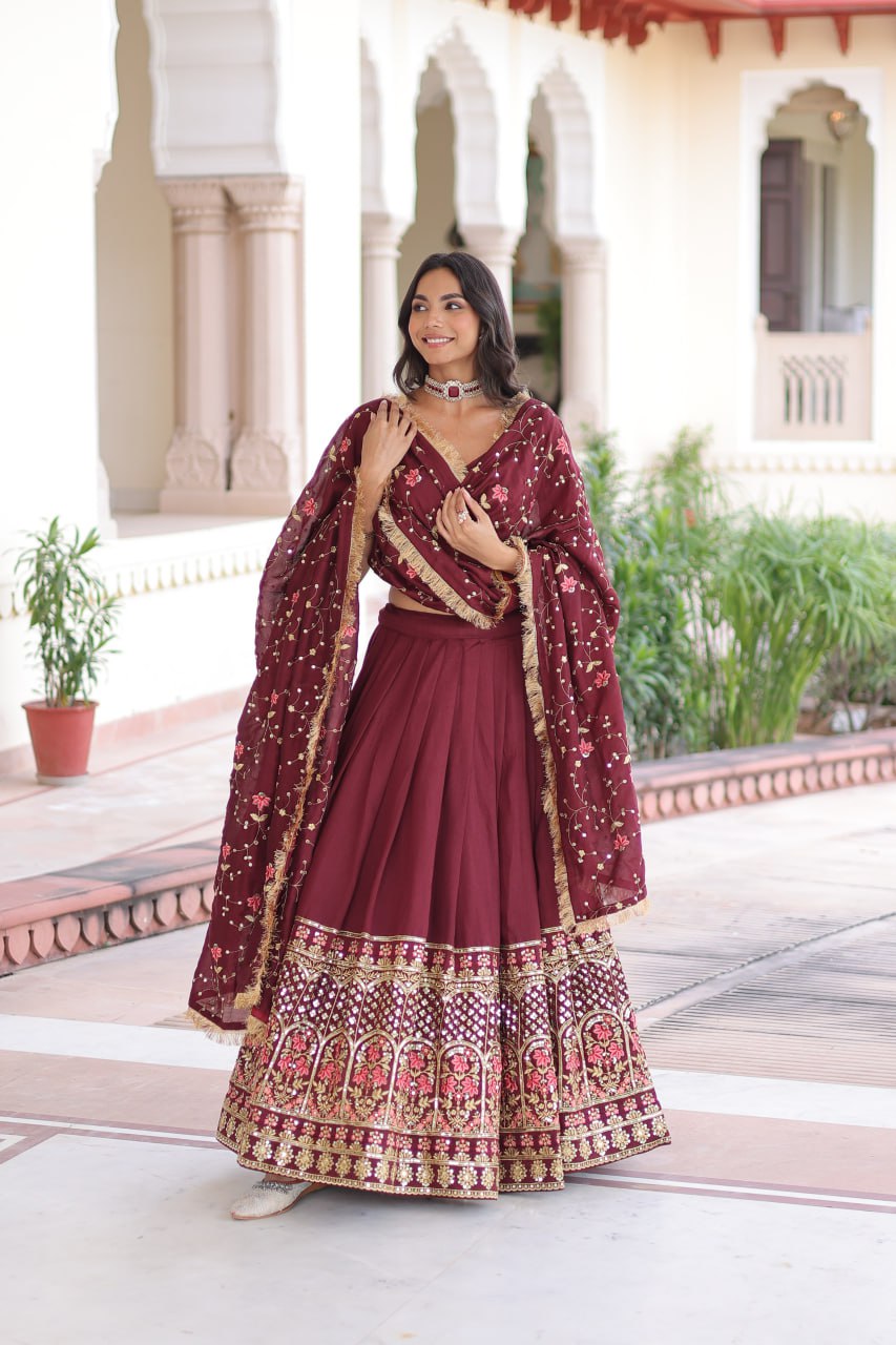 Maroon Elegant Vichitra Silk Sequins & Thread Embroidered Lehenga Set with Designer Lace Dupatta – Stitched 3-Meter Flair Lehenga & Unstitched Blouse