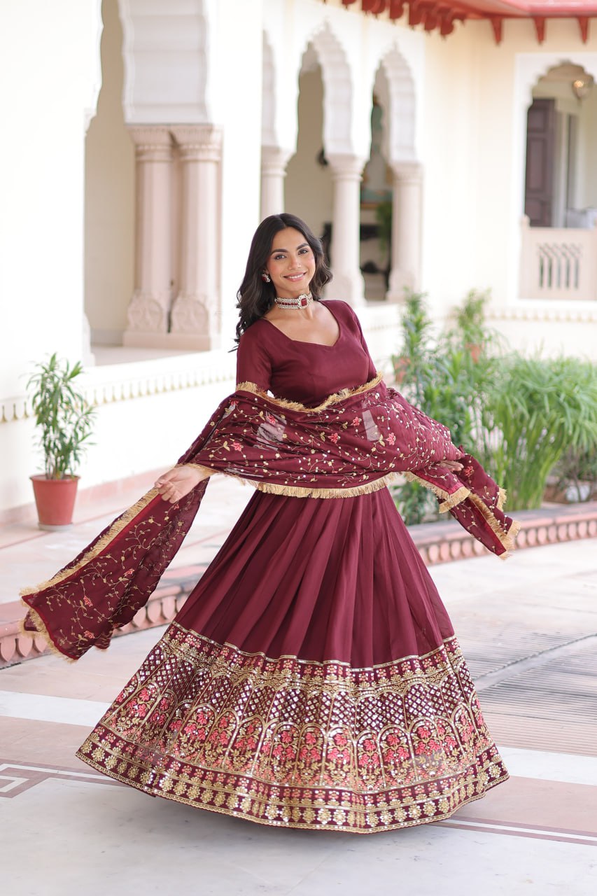 Maroon Elegant Vichitra Silk Sequins & Thread Embroidered Lehenga Set with Designer Lace Dupatta – Stitched 3-Meter Flair Lehenga & Unstitched Blouse