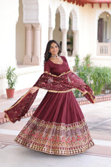 Maroon Elegant Vichitra Silk Sequins & Thread Embroidered Lehenga Set with Designer Lace Dupatta – Stitched 3-Meter Flair Lehenga & Unstitched Blouse
