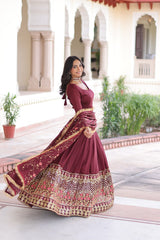 Maroon Elegant Vichitra Silk Sequins & Thread Embroidered Lehenga Set with Designer Lace Dupatta – Stitched 3-Meter Flair Lehenga & Unstitched Blouse
